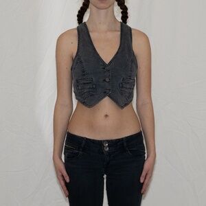 Free people button up vest grey cropped crochet back size 6